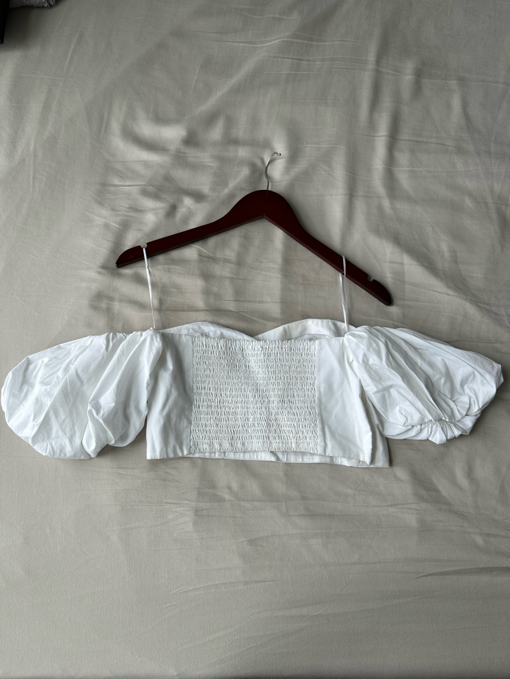 White Smocked Puff-Sleeve Crop Top